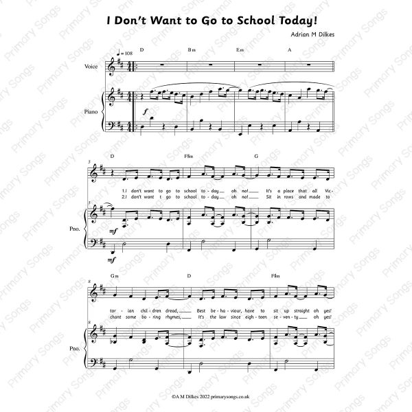 I Don't Want to go to School Today Sheet Music Example